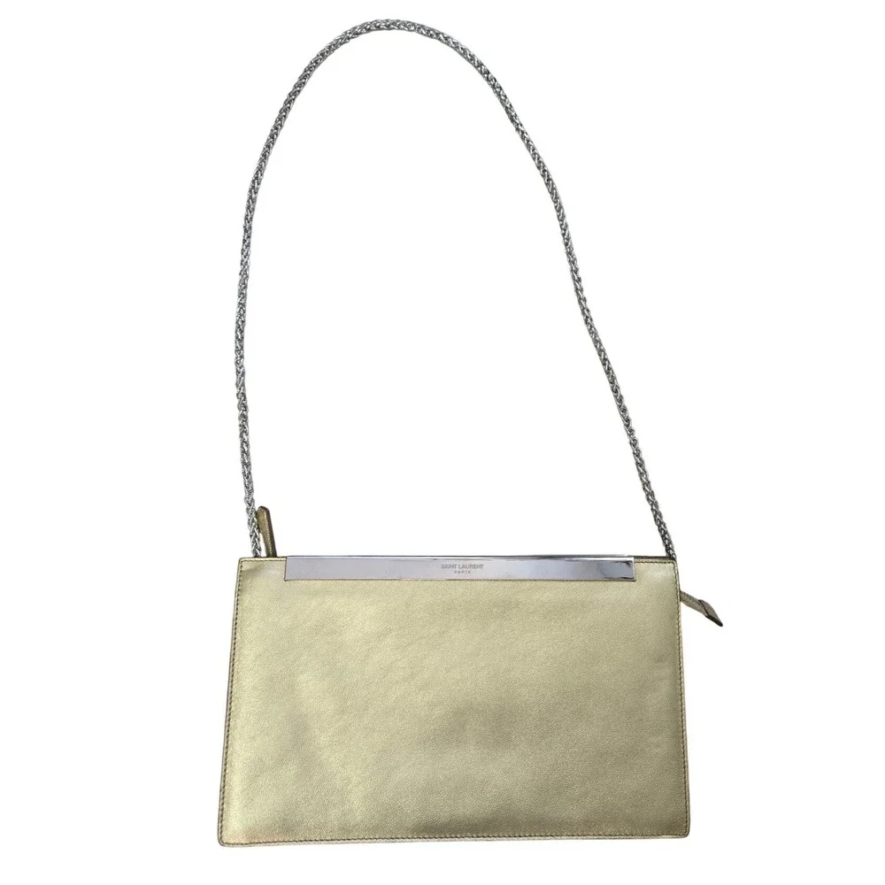 Saint Laurent Luteia Gold Metallic Leather Clutch Bag with Chain COA